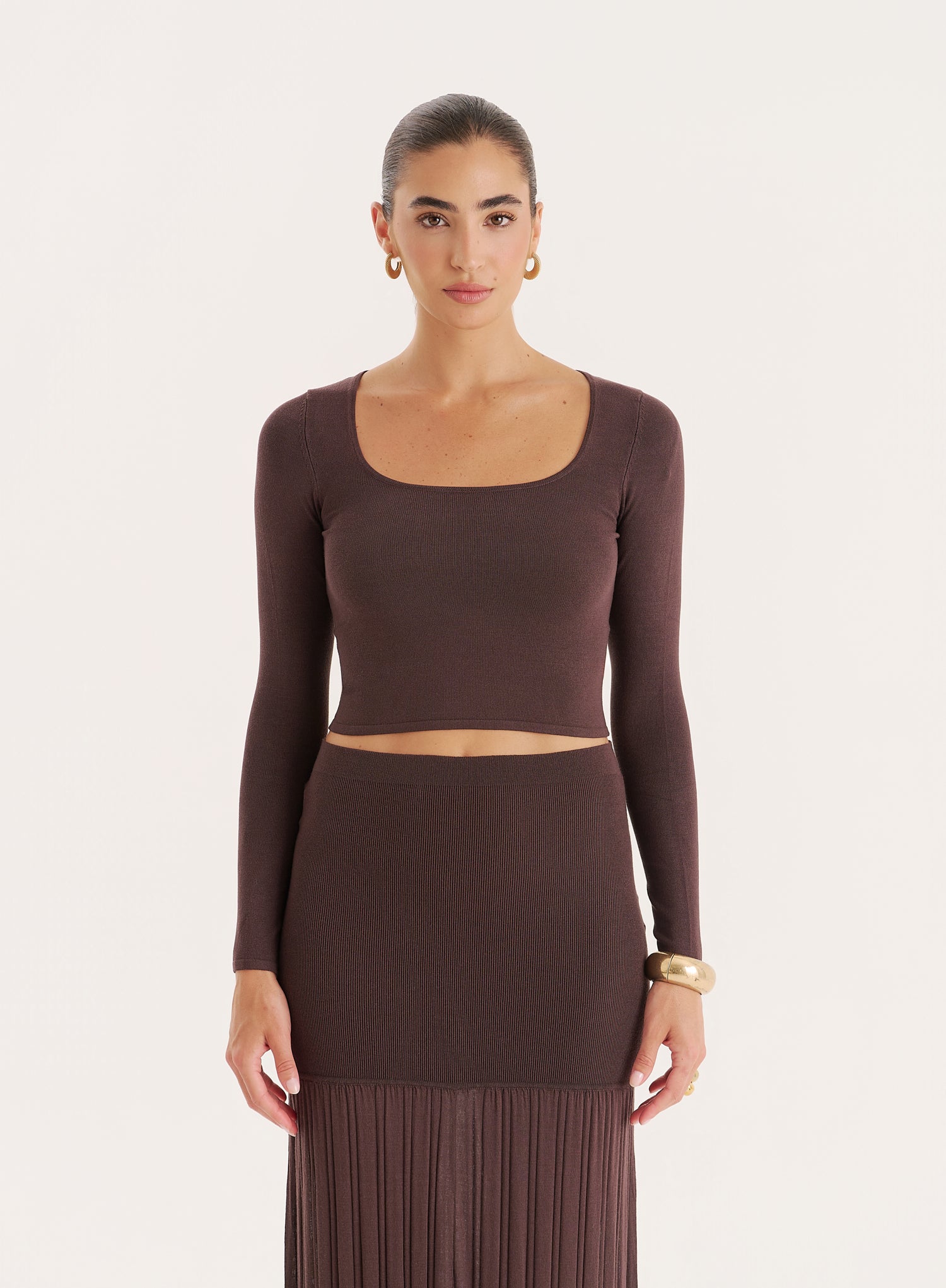 Chocolate Knitted Long Sleeve Cropped Top